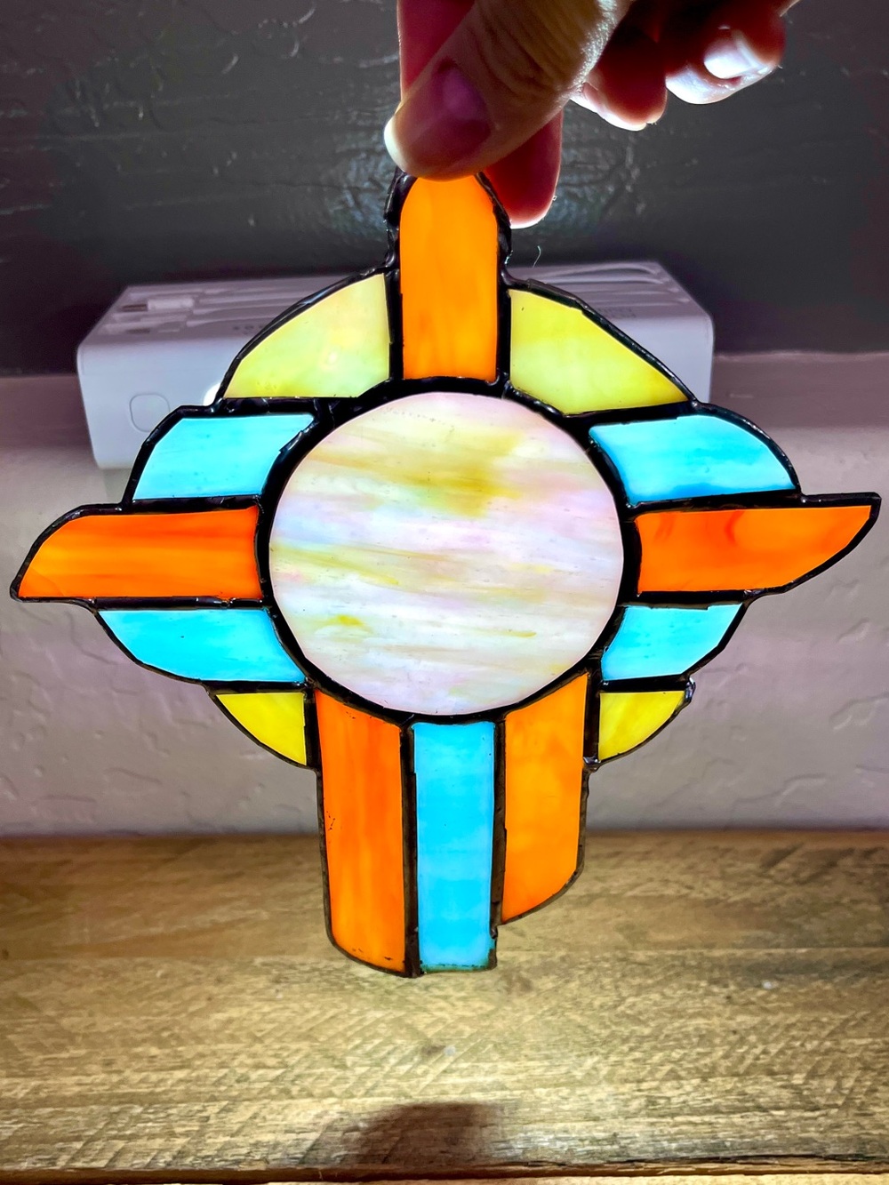 Vintage Handcrafted Southwestern Stained Glass 8” Cross Suncatcher Wall Hanging